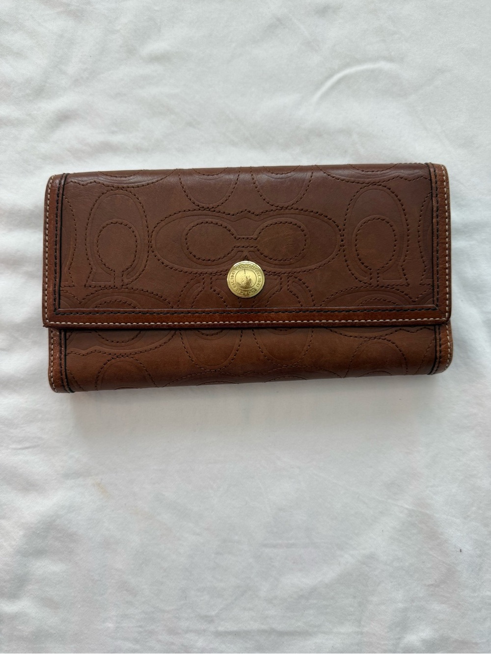 Coach Brown Leather Signature-Pattern Trifold Wallet
